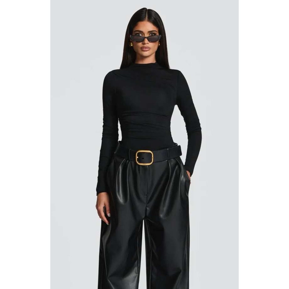 BABYBOO Pearson Bodysuit Black Long Sleeve Ruched Cutout NWT Large